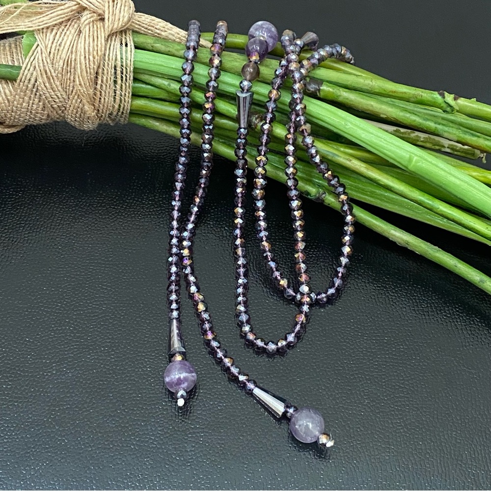 Handmade Amethyst Stone AB Purple Crystal Beads Lariat 40” Necklace